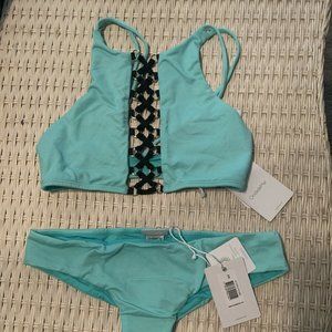 NWT ONADEMar Bikini Two Piece Sexy Black Blue Crochet XS Beach Swim suit